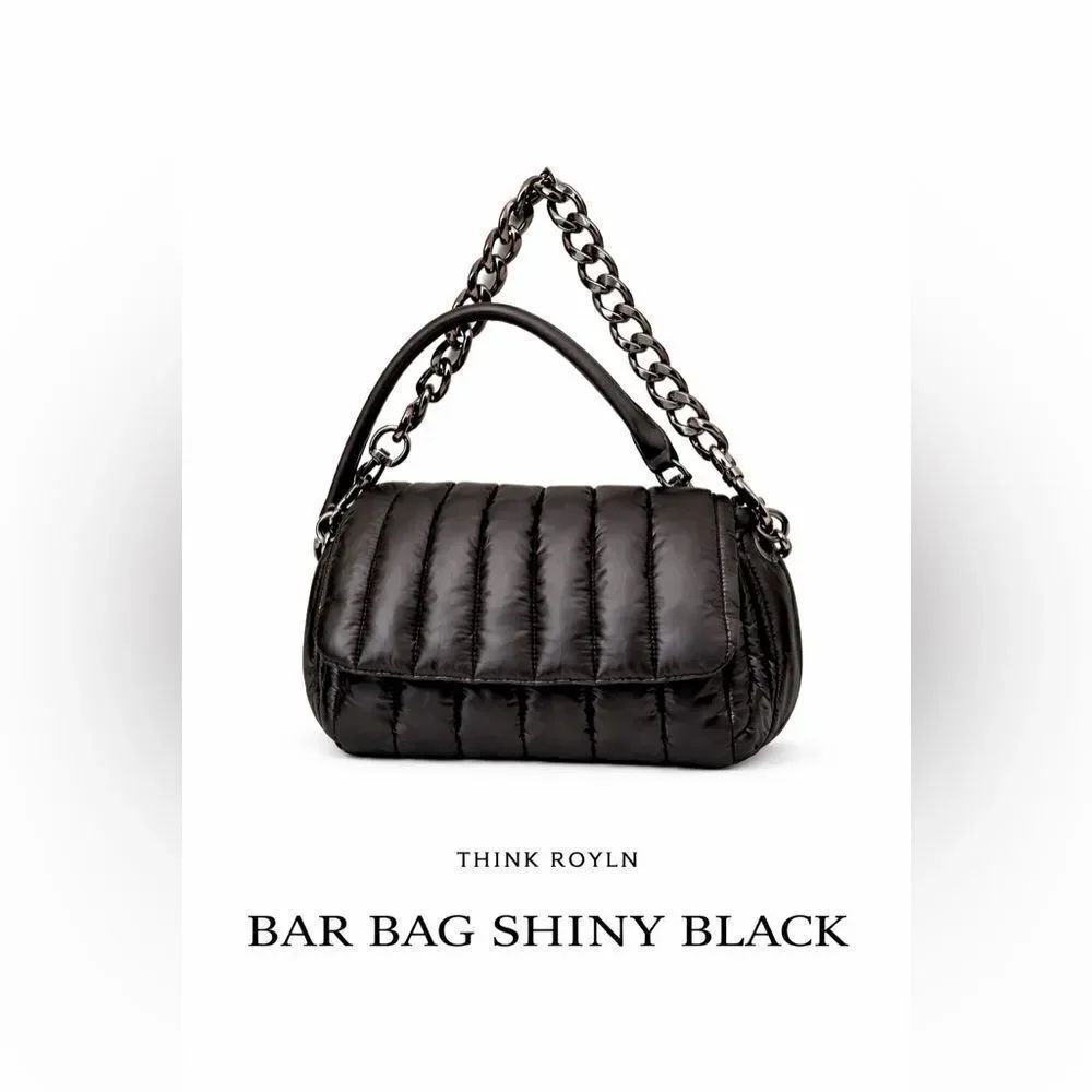NWOT Think Royln Bar Bag Shiny Black Quilted Puffer Chain Shoulder Crossbody